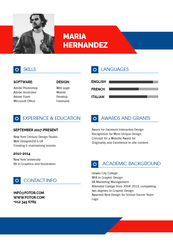 a resume template with blue, white, and red colors