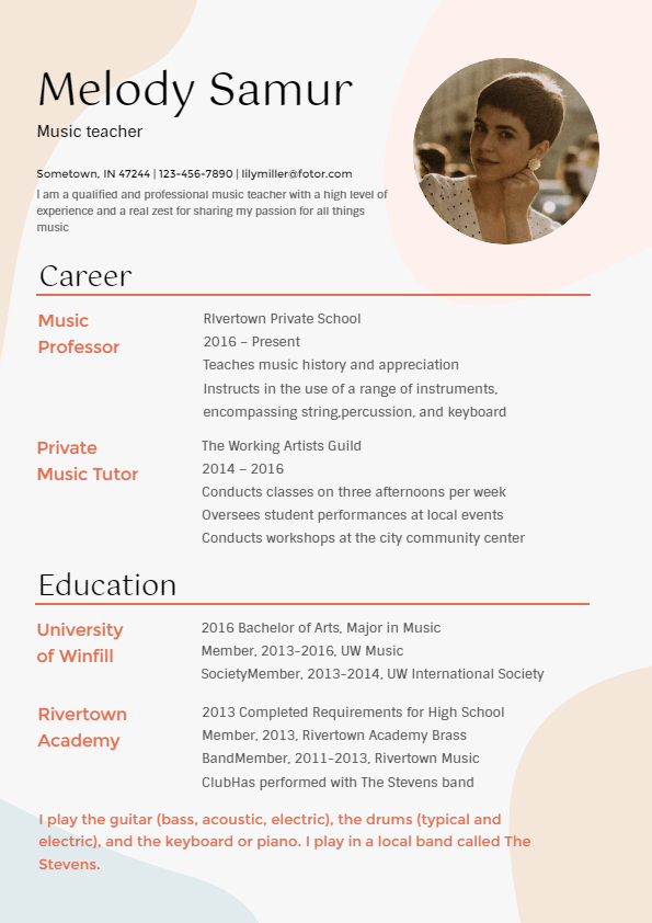 a white resume template with orange and black text