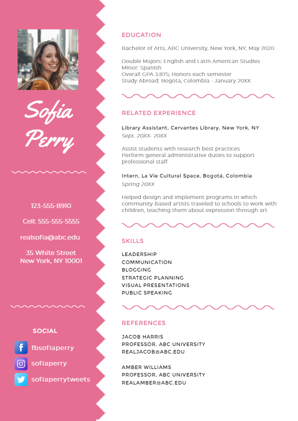 a resume template with pink and white background color