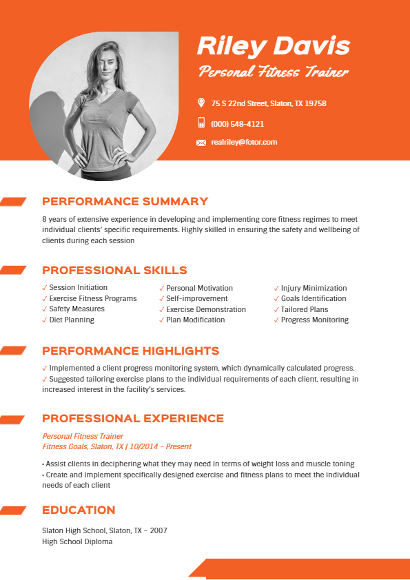 a white resume template with orange and black text