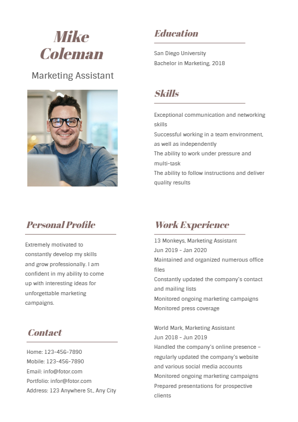 a white resume template with black and brown text