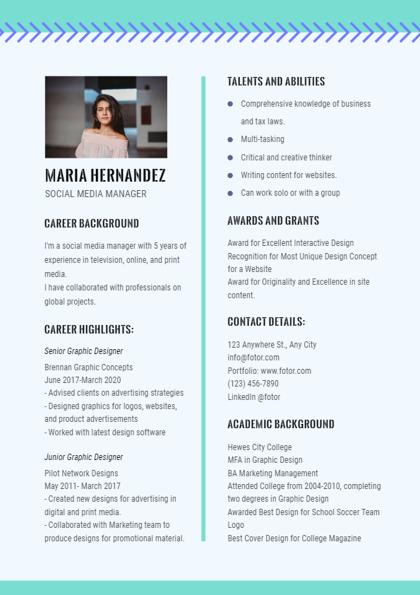 a resume template with light blue background color