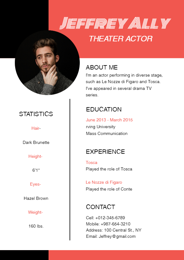 a resume template with red, balck, and white color