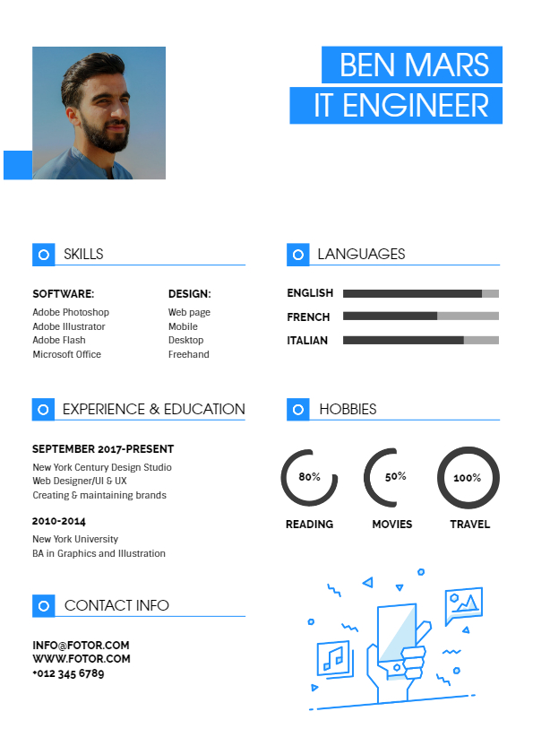 a white background resume template with icons and graphics